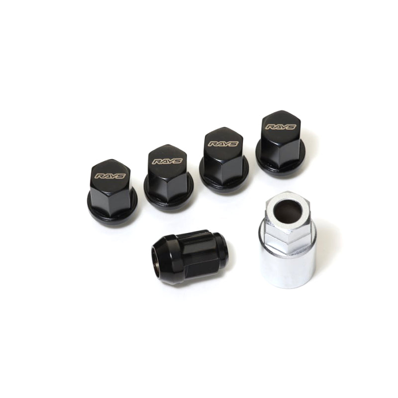 Black Rays 19 Hex Lock and Lug Nut Set M14 x 1.5, automotive wheel lug nuts with secure locking design.