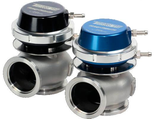 Black Turbosmart Gen4 CompGate40 14psi wastegate with pressure adjustment, featuring a compact design and black finish.