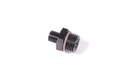Radium Engineering 8AN ORB to M12X1 male fitting showing metallic connection and threading for automotive or racing applications.
