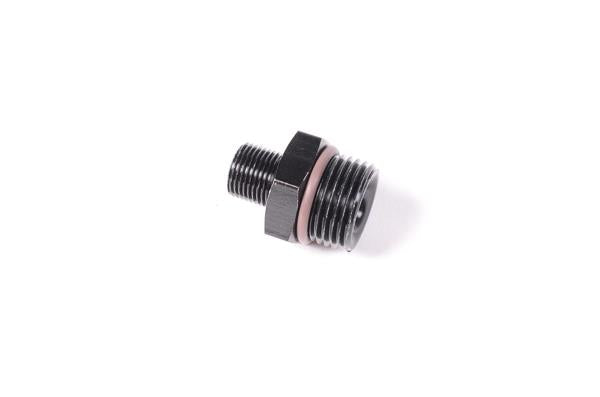 Radium Engineering 8AN ORB to M12X1 male fitting showing metallic connection and threading for automotive or racing applications.
