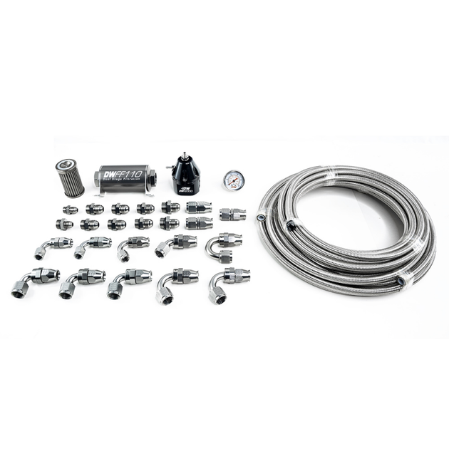 DeatschWerks 10-15 Chevy Camaro X2 Series fuel pump module with -6AN PTFE plumbing kit, featuring pump and fittings for automotive fuel system