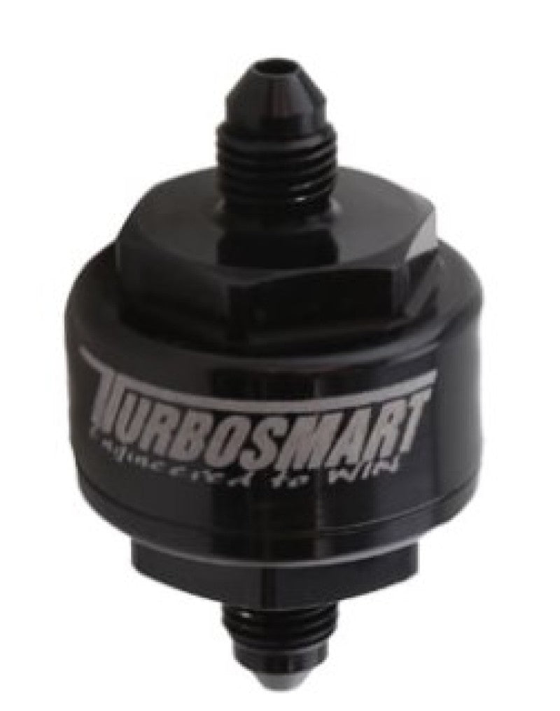 Turbosmart billet turbo oil feed filter with 44 micron pleated disc, black finish, -4AN male inlet for improved oil filtration
