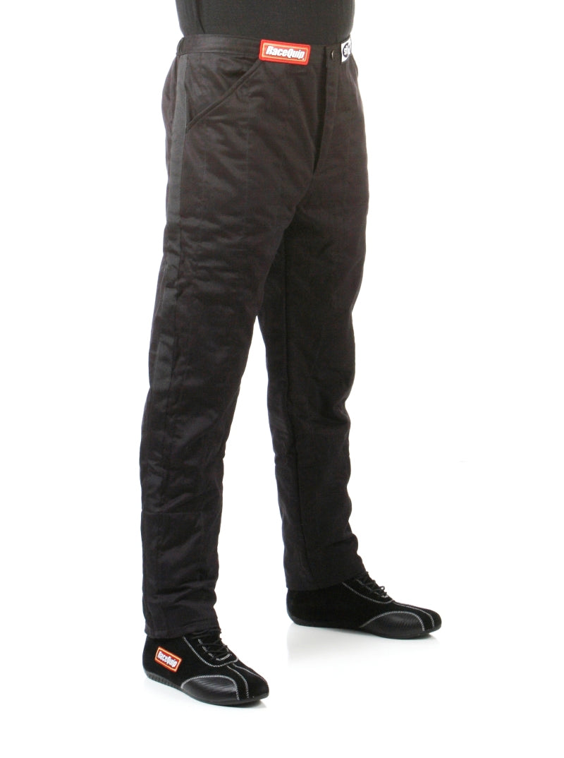 RaceQuip Black SFI-5 racing pants in medium size, featuring durable fabric and racing design for motorsport safety and comfort.