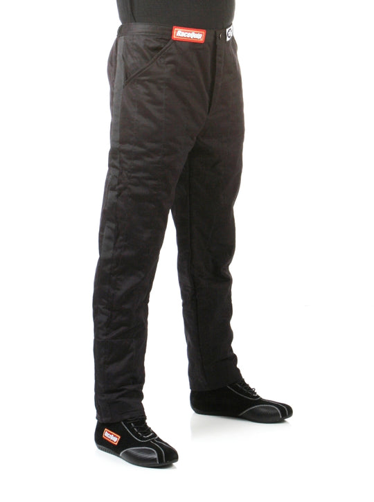 Black RaceQuip SFI-5 racing pants in large size, designed for motorsport safety and durability.