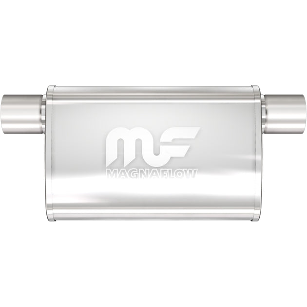 MagnaFlow Mag SS muffler with dimensions 11x4x9 inches, 2.5-inch inlet/outlet, stainless steel construction, for vehicle exhaust systems.
