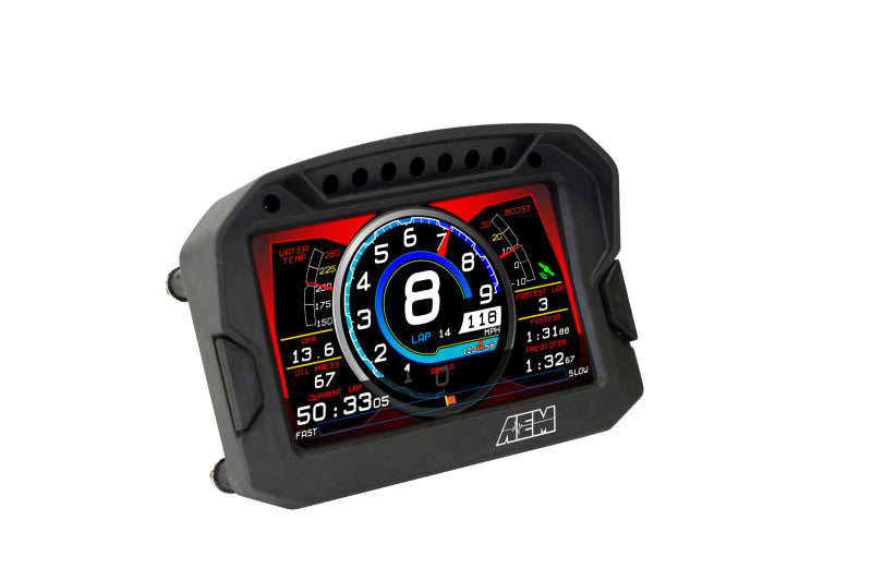 AEM CD-5LG Carbon logging digital dash display with internal 10Hz GPS and antenna, showing gauges and data readouts.