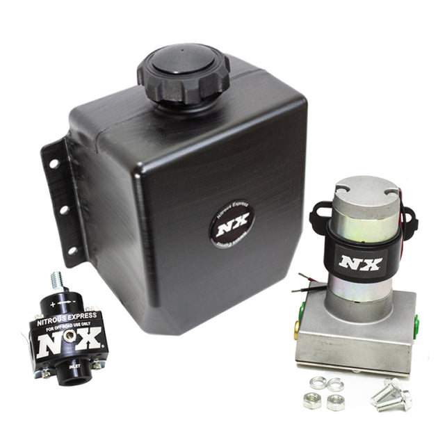 Nitrous Express stand-alone fuel enrichment system with external fuel pump, fuel regulator, and 3-quart tank for performance vehicles.