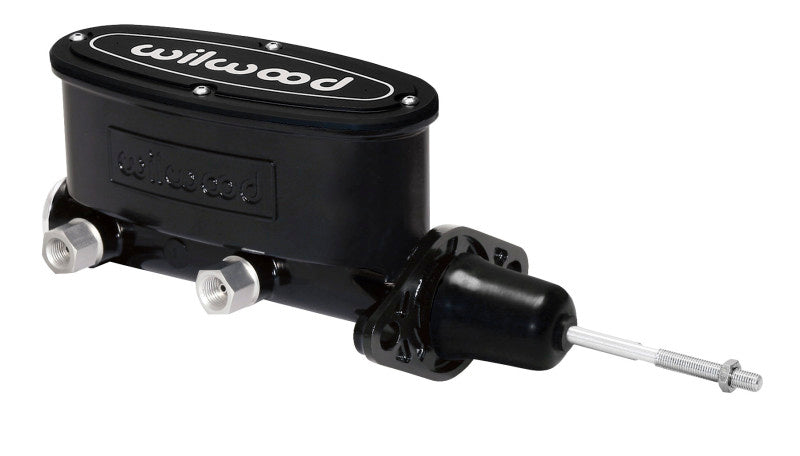 Wilwood high volume tandem brake master cylinder with 15/16 inch bore, black finish, and pushrod for automotive braking systems.