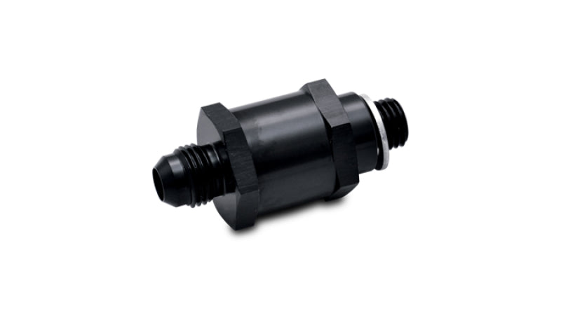 Vibrant Fuel Pump Check Valve fitting with -8AN male flare to 12mm x 1.5 metric connection, showcasing metal construction and sealing surfaces.