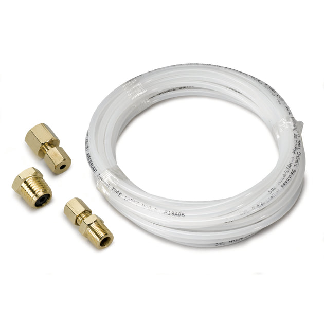 AutoMeter 12-foot nylon tubing with 1/8-inch brass compression fittings for gauges, shown coiled with fittings attached.