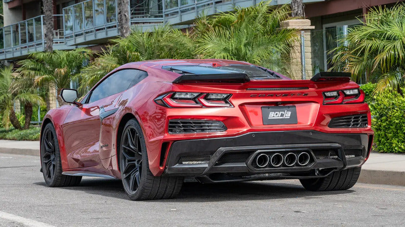 Borla catback exhaust system for Chevrolet Corvette C8 Z06 5.5L V8 with 3-inch ATAK mufflers and reusable OE tips.