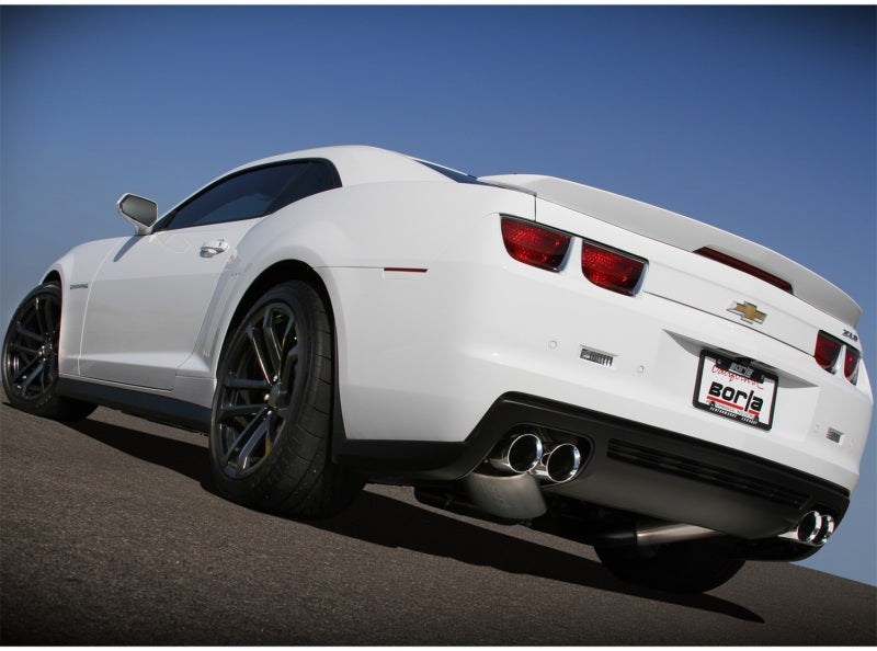 Borla catback exhaust system for 2012-2014 Chevrolet Camaro ZL1 Coupe 6.2L V8, showcasing the polished exhaust pipes and tips