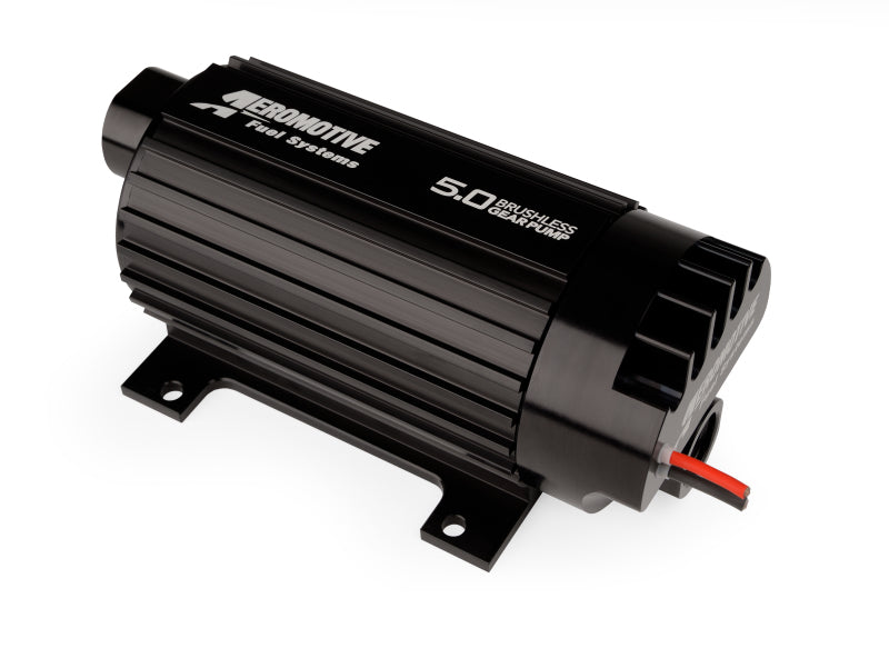 Aeromotive 5.0 brushless spur gear external fuel pump in-line with 5 GPM flow rate, designed for high-performance fuel delivery.