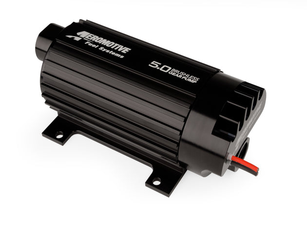 Aeromotive brushless spur gear fuel pump with TVS controller, in-line design, 5 GPM flow rate, used for high-performance fuel delivery systems.