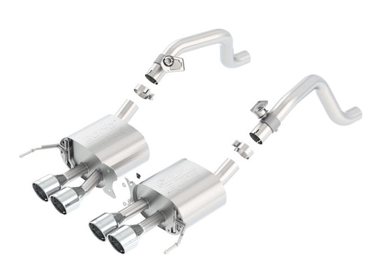 Borla catback exhaust system for 2014 Chevy Corvette C7 with quad rear tips, featuring AFM and Atak design, rear section view.
