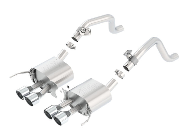 Borla catback exhaust system for 2014 Chevy Corvette C7 with quad rear tips, featuring AFM and Atak design, rear section view.