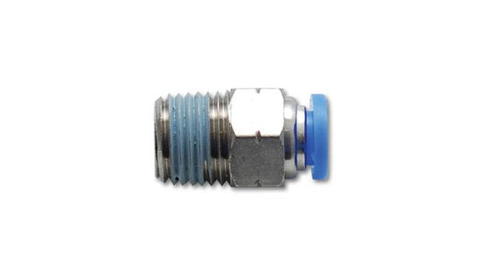 Vibrant male straight pneumatic vacuum fitting with 1/8-inch NPT thread for 3/8-inch OD tubing, shown in close-up.