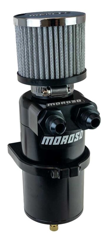 Moroso black dual inlet -8AN billet oil catch can with breather tank, designed for automotive engine ventilation and oil vapor management.