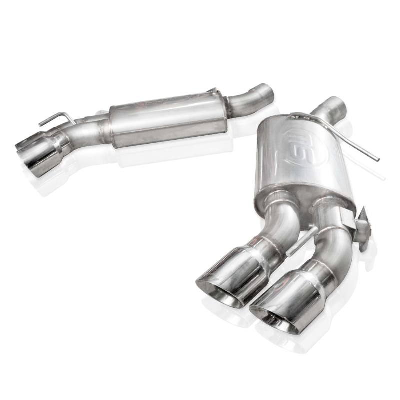 Stainless Works 2016+ Chevy Camaro SS axle back exhaust with red 3-inch pipes, quad tips, and integrated valve system.