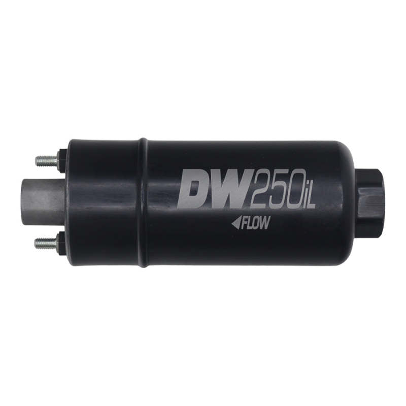 DeatschWerks 250LPH in-line external fuel pump shown, designed for high-performance fuel delivery in automotive applications.
