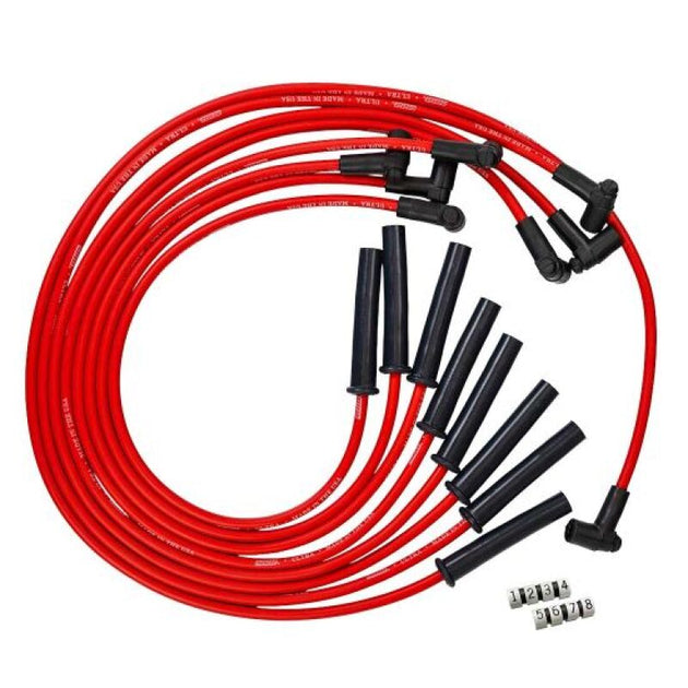 Moroso GM BBC 366-454 HEI-Style spark plug wire set with coil-in-cap design for Ultra 350 engines, featuring red 8mm multi-angle wires.