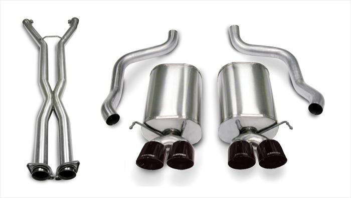 CORSA Performance Axle-Back Sport exhaust system installed on a vehicle, showcasing sleek metal pipes and polished tips.