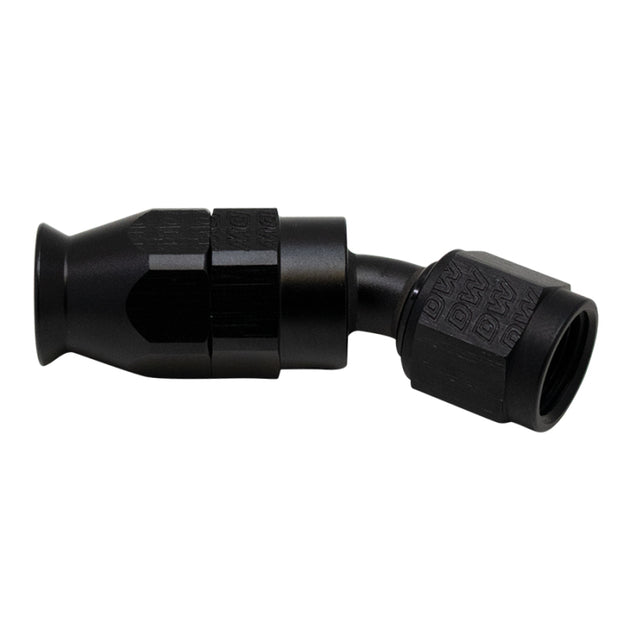 DeatschWerks 6 AN female flare swivel hose end fitting, 30-degree PTFE, anodized matte black for high-performance automotive applications.