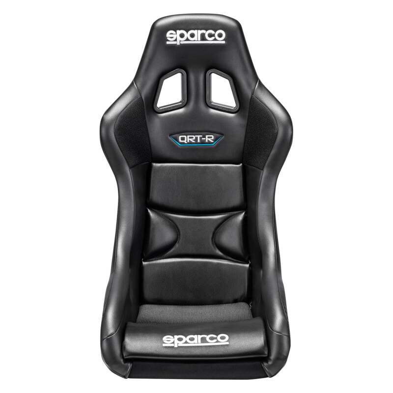 Black Sparco QRT-R 2019 vinyl race seat with side mount, designed for racing and high-performance driving.