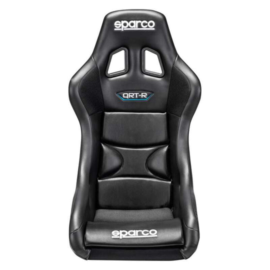 Black Sparco QRT-R 2019 vinyl race seat with side mount, designed for racing and high-performance driving.