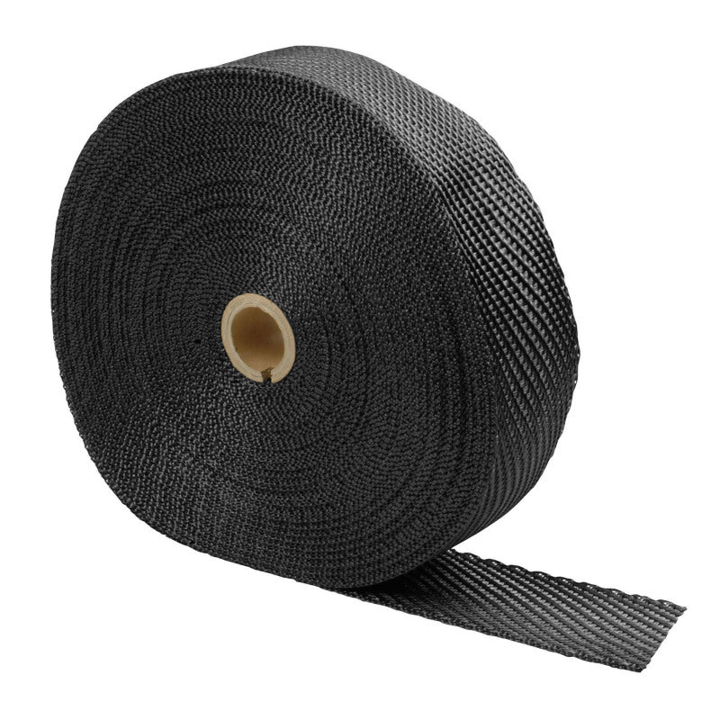 Black DEI Exhaust Wrap 2in x 100ft in titanium color, showing the heat-resistant wrap coiled for automotive exhaust insulation.