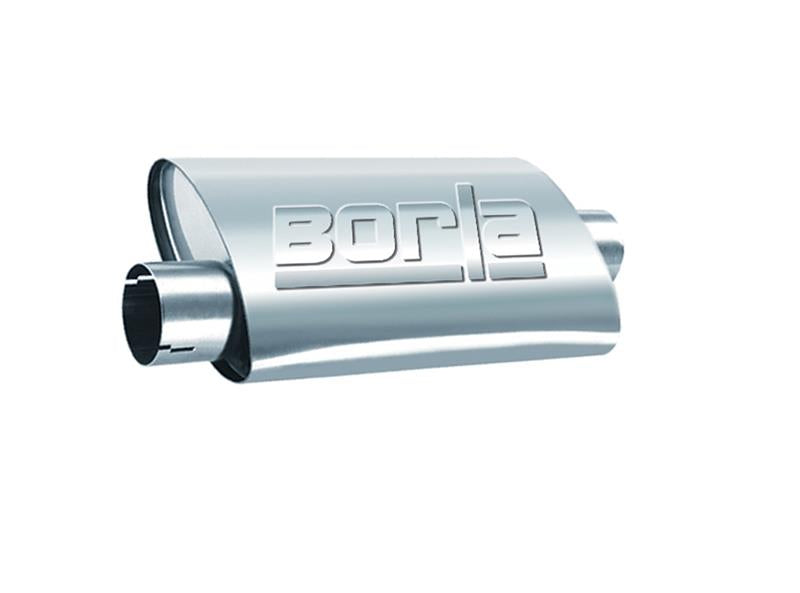 Borla 2.5-inch inlet/outlet center/offset oval ProXS muffler with polished stainless steel finish for automotive exhaust systems.