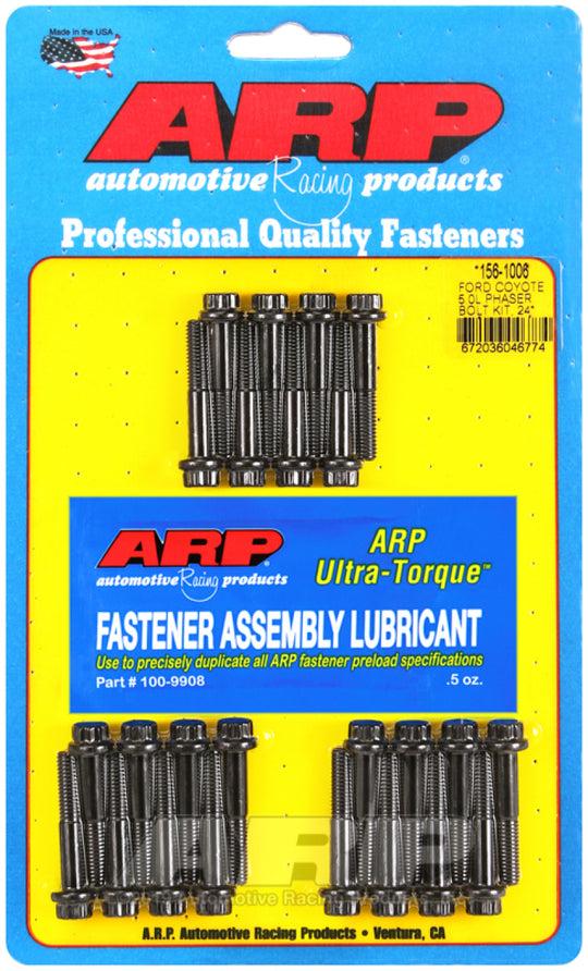 ARP Ford Coyote 5.0L cam drive bolt kit with hardware components for engine assembly and repair.