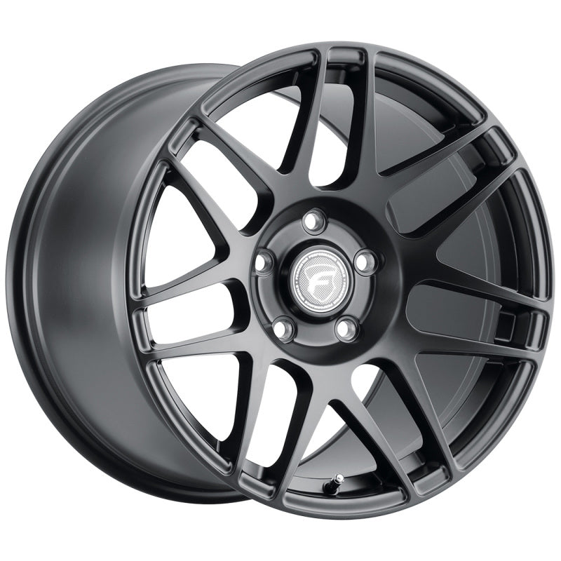 Forgestar F14 Drag 18-inch satin black cast wheel, 5x120 bolt pattern, ET-23 offset, 2.125-inch backspace, shown from side angle.