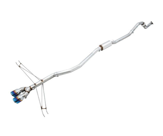 AWE Tuning dual vapor blue catback exhaust system with front pipe for Honda Civic Si 2017-2020, showcasing the exhaust tips and piping.
