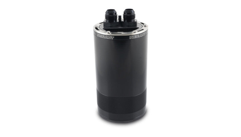 Vibrant medium 1.5L 2-port oil catch can assembly with black finish, designed for automotive engine ventilation systems.