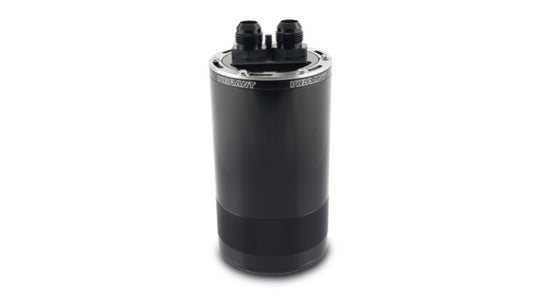 Vibrant medium 1.5L 2-port oil catch can assembly with black finish, designed for automotive engine ventilation systems.