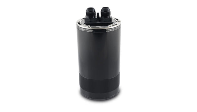 Vibrant medium 1.5L 2-port oil catch can assembly with black finish, designed for automotive engine ventilation systems.