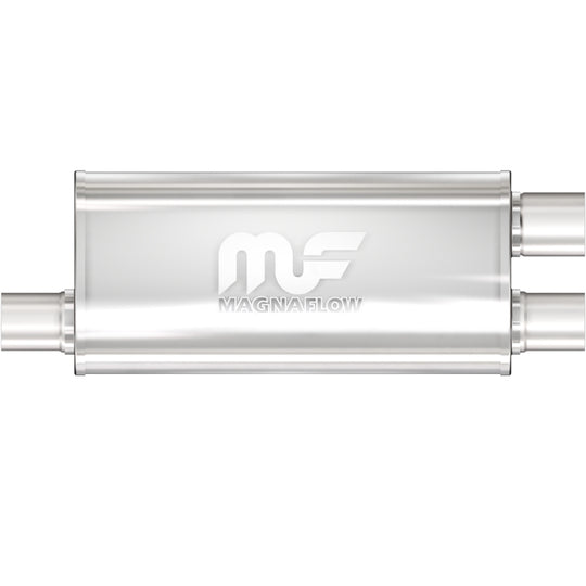 MagnaFlow Mag SS muffler with 18x5x8 inch size, 2.5x2.25/2.25 inch inlet and outlet pipes, stainless steel automotive exhaust component