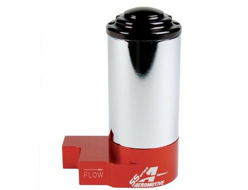 Aeromotive SS Series Billet carbureted fuel pump with 14 PSI, 3/8 inch NPT ports, black metal finish, and industrial design.