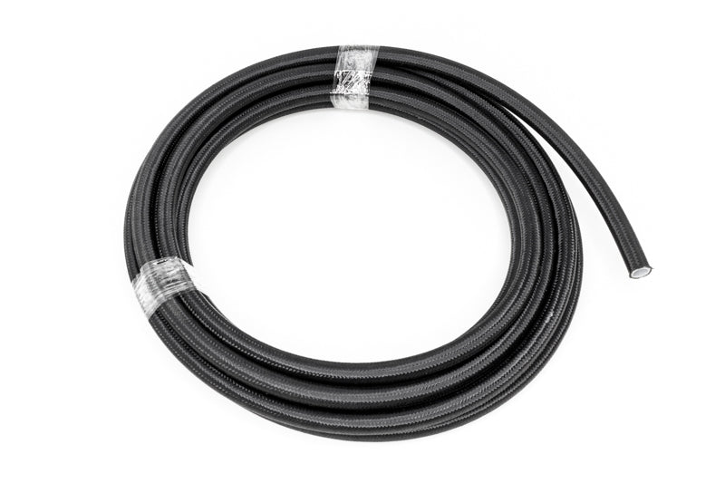 DeatschWerks 8AN black nylon braided PTFE hose, 20 feet long, flexible automotive fuel or oil transfer hose.