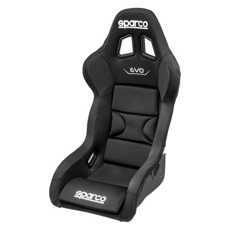 Black Sparco Seat Evo QRT X race seat with racing harness slots and supportive bolsters, designed for high-performance driving.