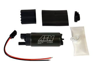 AEM 340LPH in-tank fuel pump kit with multiple fuel pumps and wiring components for automotive fuel system upgrade.