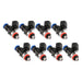 Injector Dynamics 1340cc fuel injector set for 8-cylinder engines, featuring 34mm length and 14mm O-ring top with 15mm low O-ring