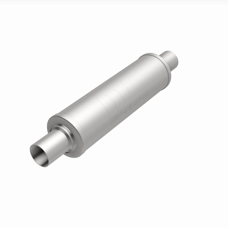 MagnaFlow Mag SS muffler with 14x4x4 inch dimensions and twin inlet and outlet pipes, designed for vehicle exhaust systems.