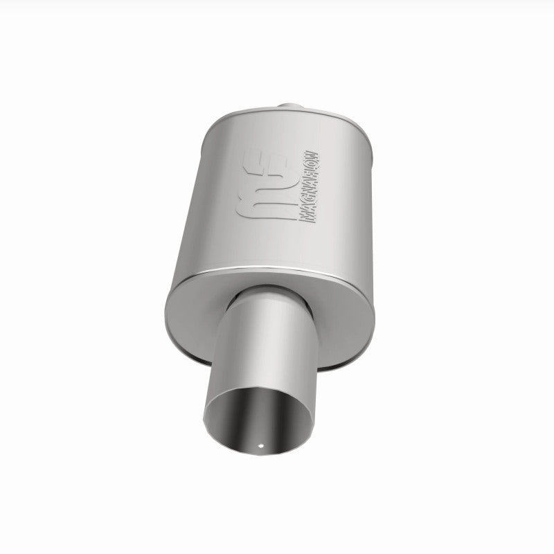 MagnaFlow stainless steel muffler with tip, 14x5x8 inches, 2.25/4 inlet and outlet, automotive exhaust part.