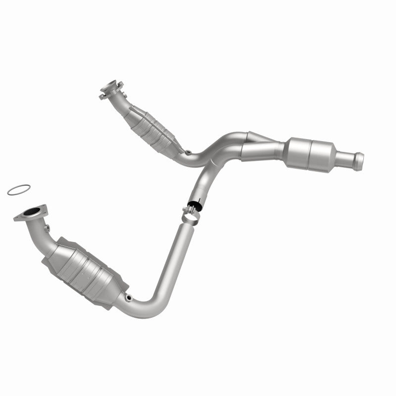 MagnaFlow catalytic converter direct fit for Chevy Avalanche 5.3L (2009-2013) engine, showing the metallic component and inlet/outlet ports.