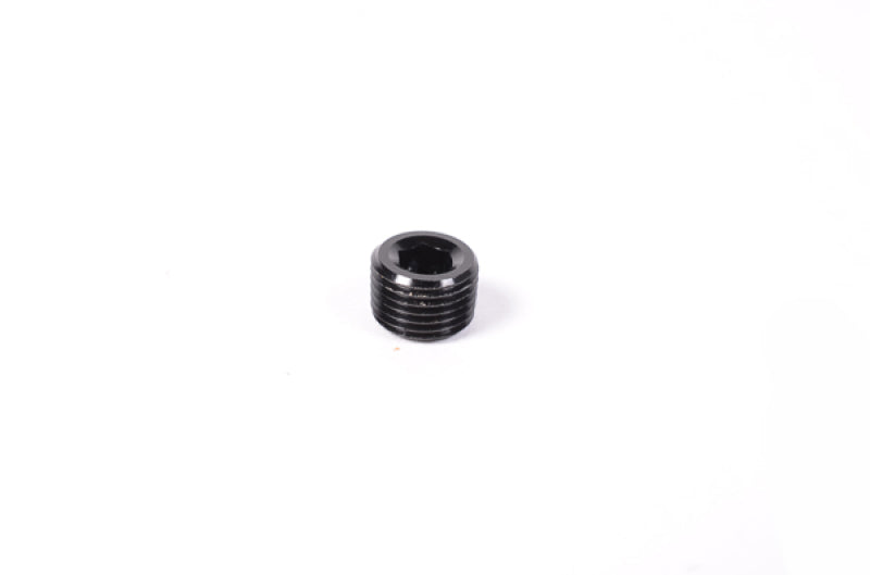 Radium Engineering 1/8 inch NPT plug fitting, black metal with threaded design for fluid system connection.