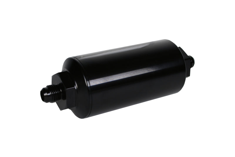 Aeromotive fuel filter with AN-06 male fitting and stainless steel 100 micron element for in-line filtration.