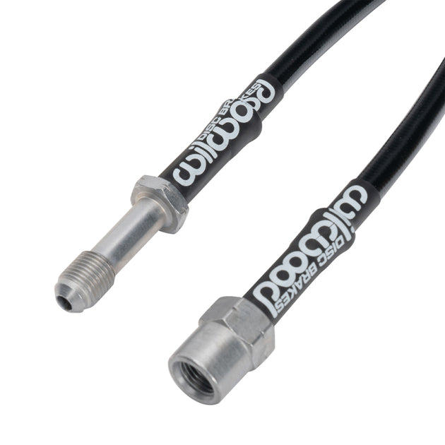 Wilwood front brake line kit for BMW 330Ci and M3 (2001-2006), flexible brake lines installed on the front of the vehicle.