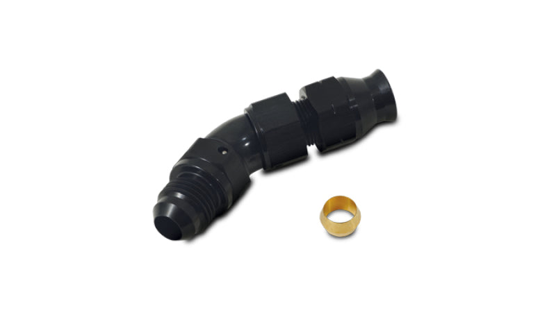 Vibrant 45-degree 1/2 inch tube to male -8AN flare adapter with olive inserts, automotive hydraulic fitting.